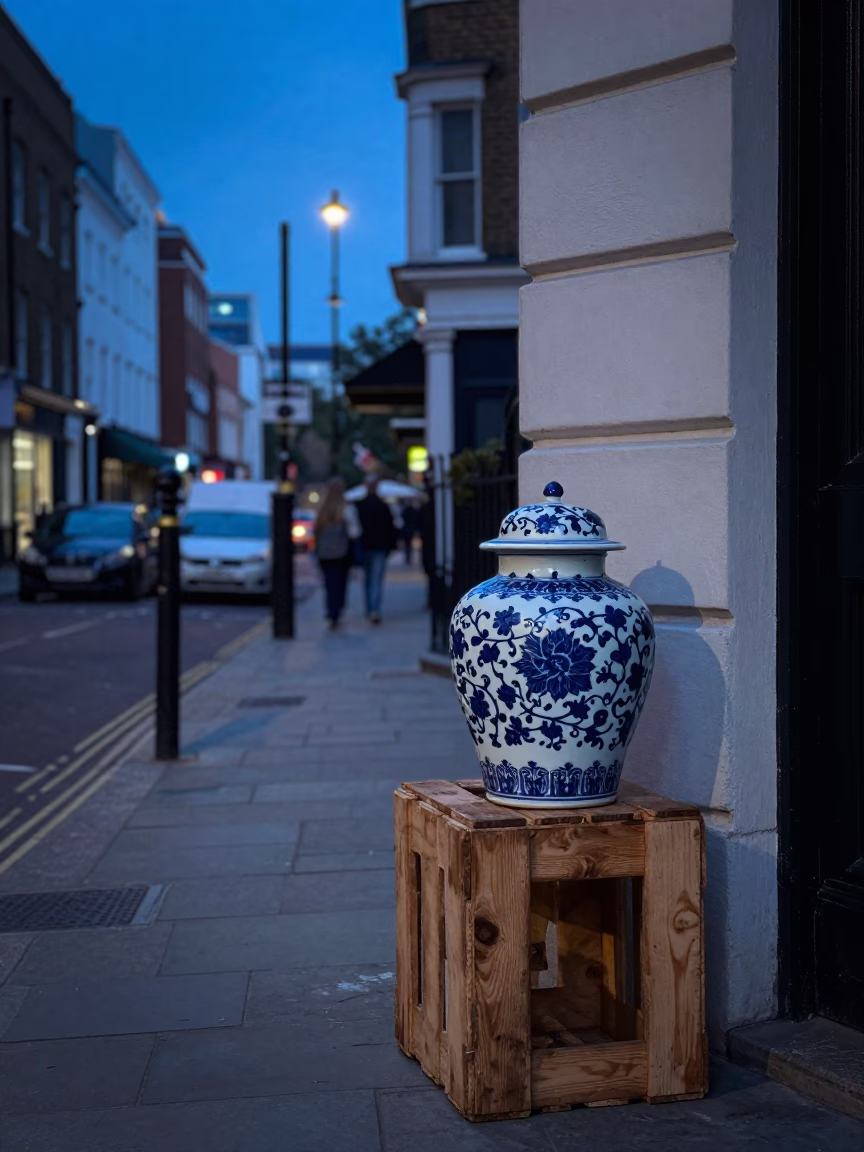 Evening Street Scene in London with Blue Porcelain Jar and Zinnias in in London, United Kingdom