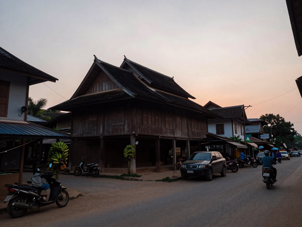 Evening Street Scene in Luang Prabang Laos with Bananas and Local Life in in Luang Prabang, Laos