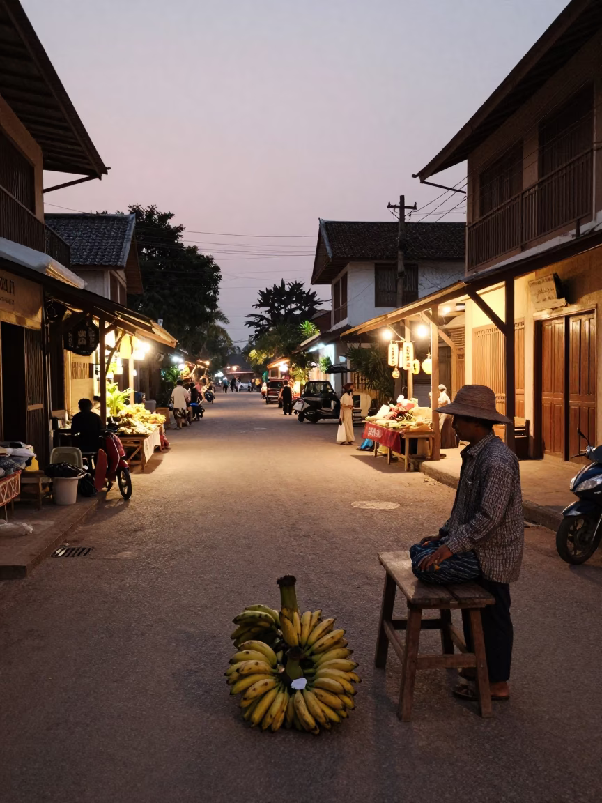 Evening Street Scene in Luang Prabang Laos with Bananas and Wooden Stool in in Luang Prabang, Laos