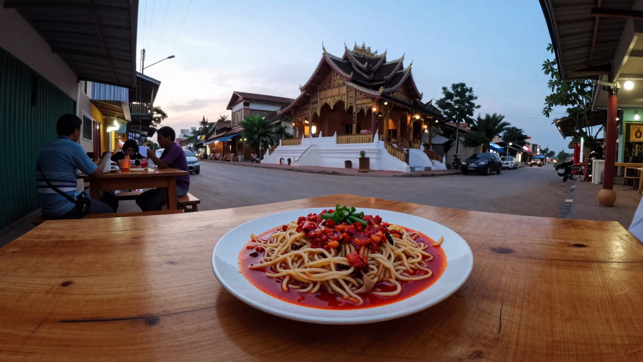 Evening Street Scene in Luang Prabang Laos with Bibim Guksu Plate in in Luang Prabang, Laos