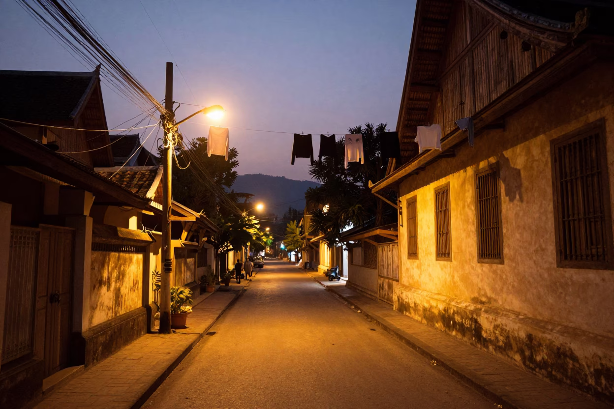 Evening Street Scene in Luang Prabang Laos with Clothesline and City Lights in in Luang Prabang, Laos