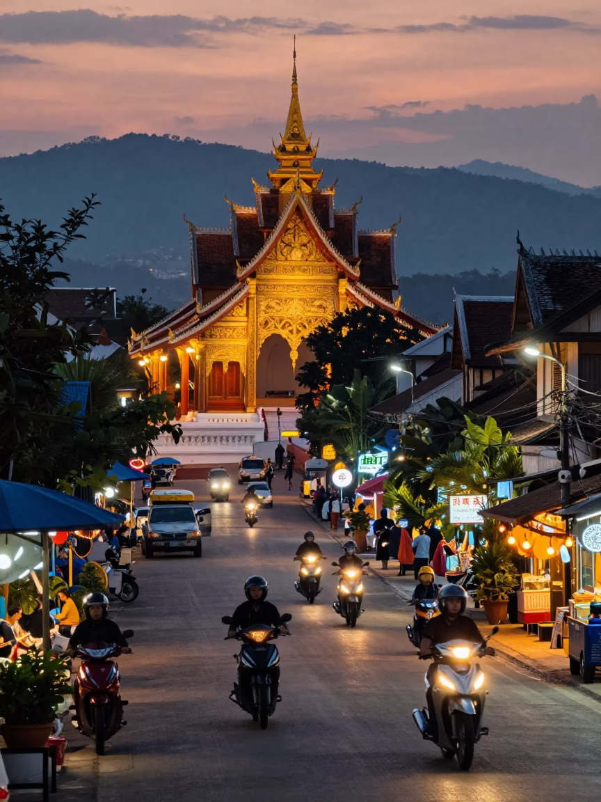 Evening street scene in Luang Prabang Laos with glowing temple lights and motorbikes in in Luang Prabang, Laos