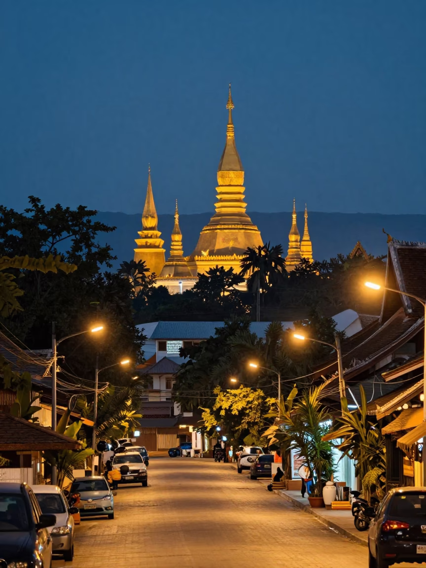 Evening Street Scene in Luang Prabang Laos with Golden Temple Spires and Warm Streetlights in in Luang Prabang, Laos