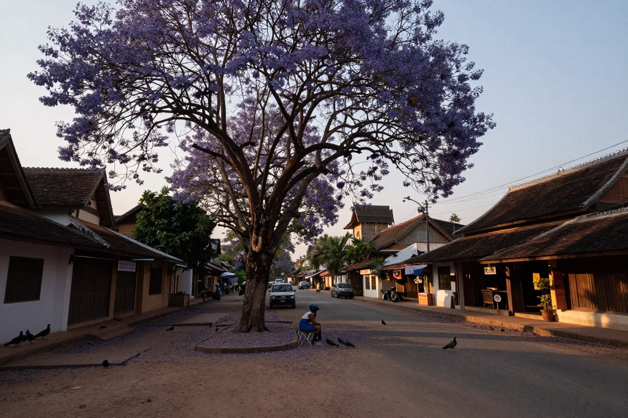 Evening Street Scene in Luang Prabang Laos with Jacaranda Tree and Pigeons in in Luang Prabang, Laos