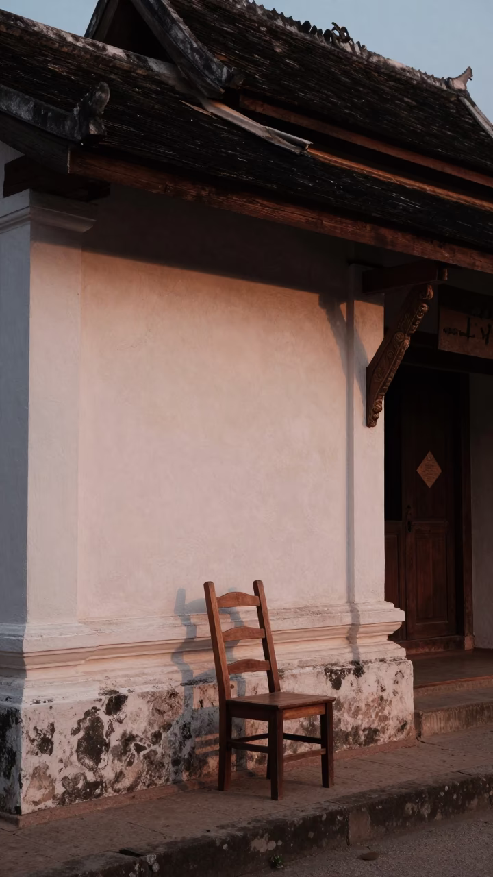 Evening Street Scene in Luang Prabang Laos with Ladder-Back Chair and Local Activity in in Luang Prabang, Laos