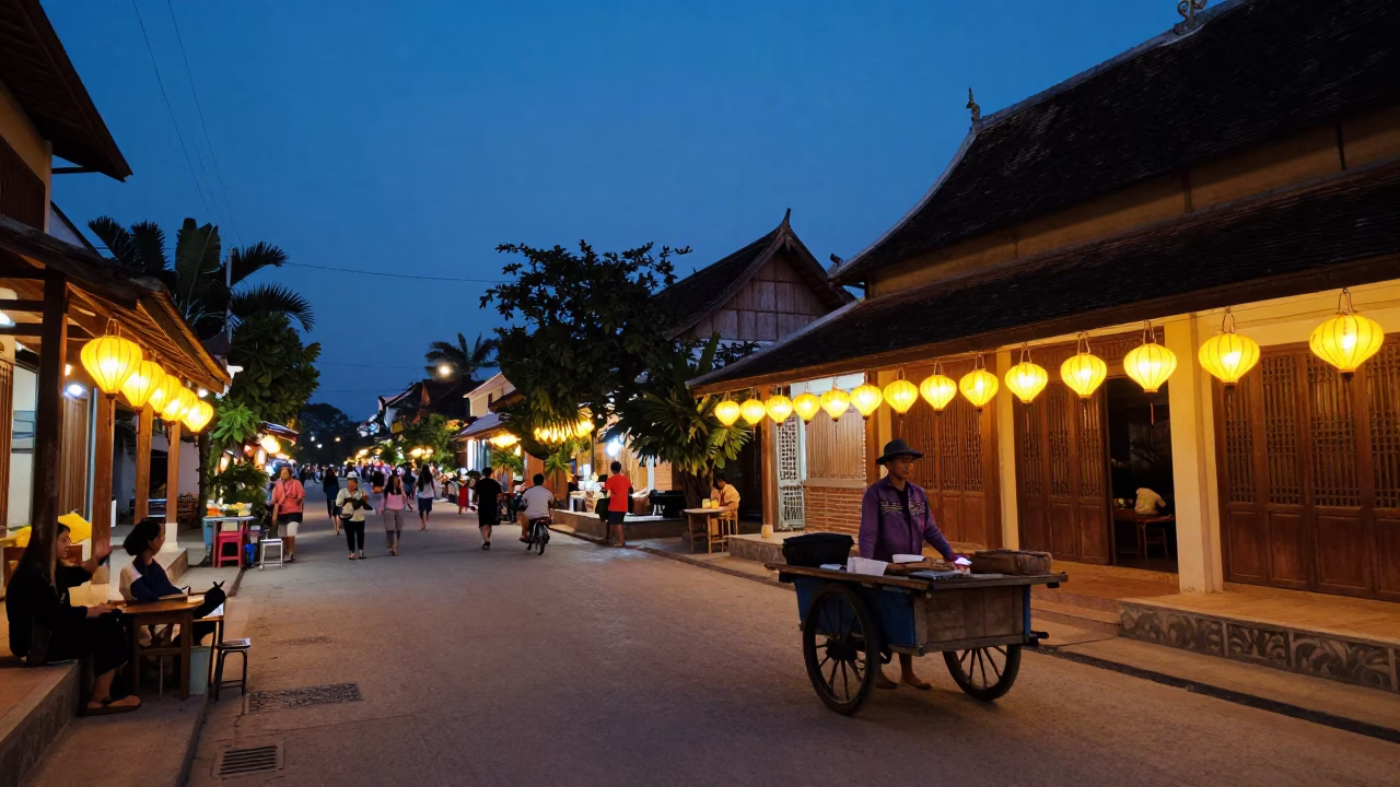 Evening Street Scene in Luang Prabang Laos with Lanterns and Local Life in in Luang Prabang, Laos