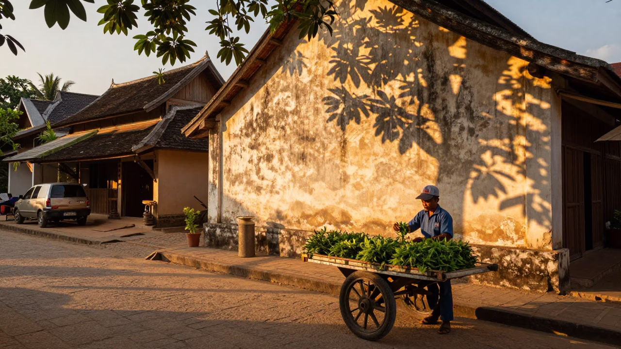 Evening Street Scene in Luang Prabang Laos with Leaf Shadows and Local Life in in Luang Prabang, Laos