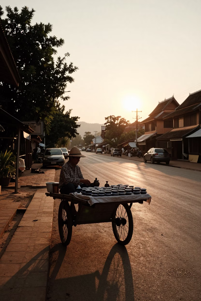 Evening Street Scene in Luang Prabang Laos with Local Vendor and Tea Stains in in Luang Prabang, Laos