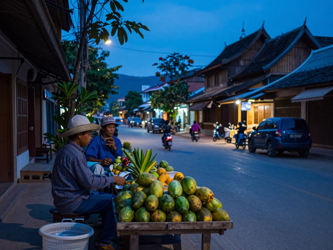 Evening Street Scene in Luang Prabang Laos with Local Vendors and Blue Hour Light in in Luang Prabang, Laos