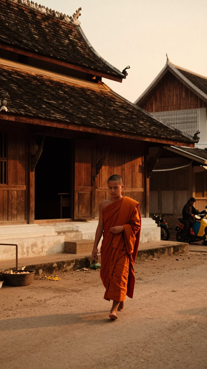 Evening Street Scene in Luang Prabang Laos with Monk Alms Offering and Palm Silhouettes in in Luang Prabang, Laos