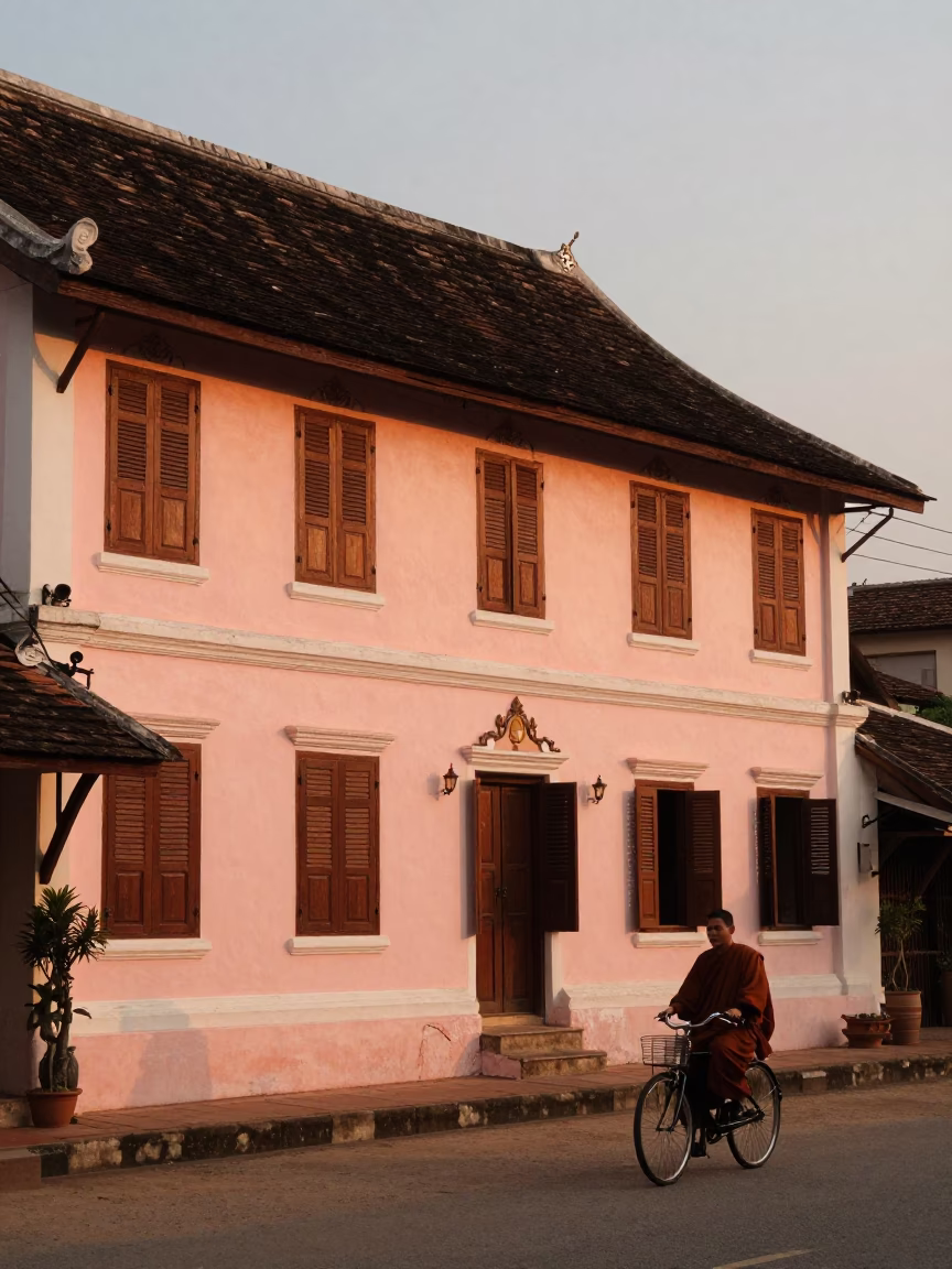 Evening Street Scene in Luang Prabang Laos with Monk and Bicycle in in Luang Prabang, Laos