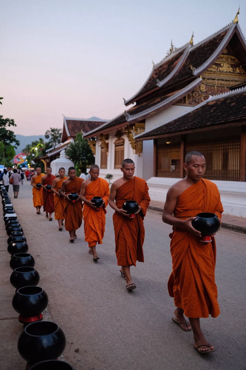 Evening Street Scene in Luang Prabang Laos with Monks and Alms Bowls in in Luang Prabang, Laos