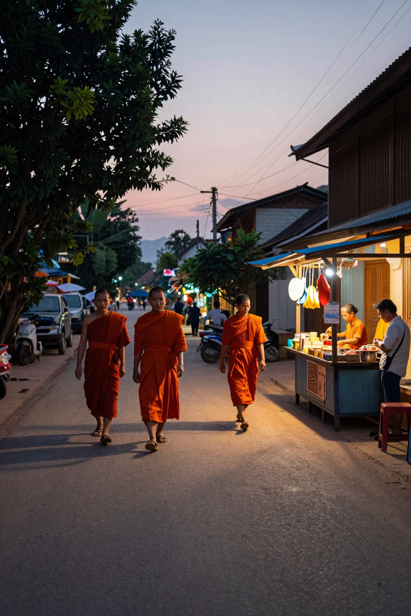 Evening Street Scene in Luang Prabang Laos with Monks and Local Commerce in in Luang Prabang, Laos