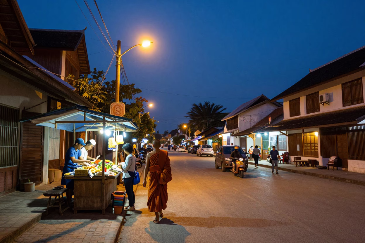 Evening Street Scene in Luang Prabang Laos with Monks and Local Life in in Luang Prabang, Laos