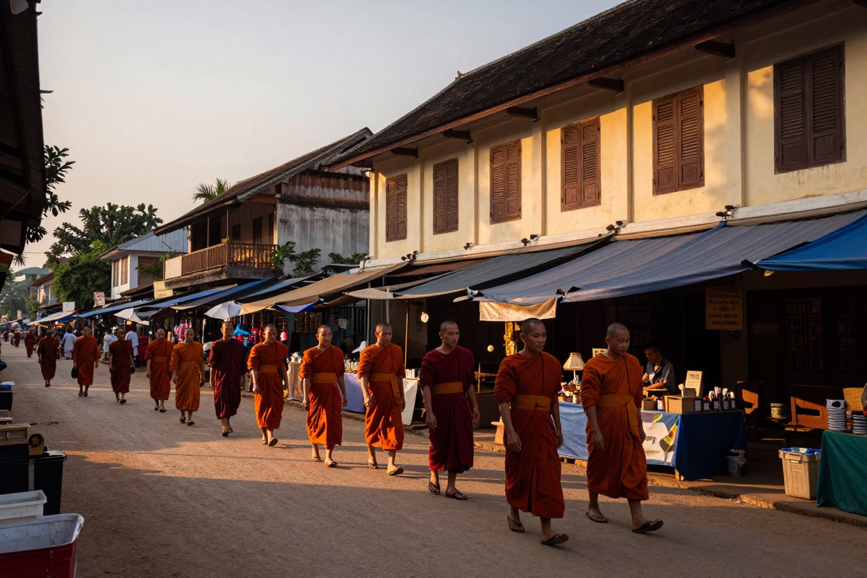 Evening Street Scene in Luang Prabang Laos with Monks and Local Market Activity in in Luang Prabang, Laos