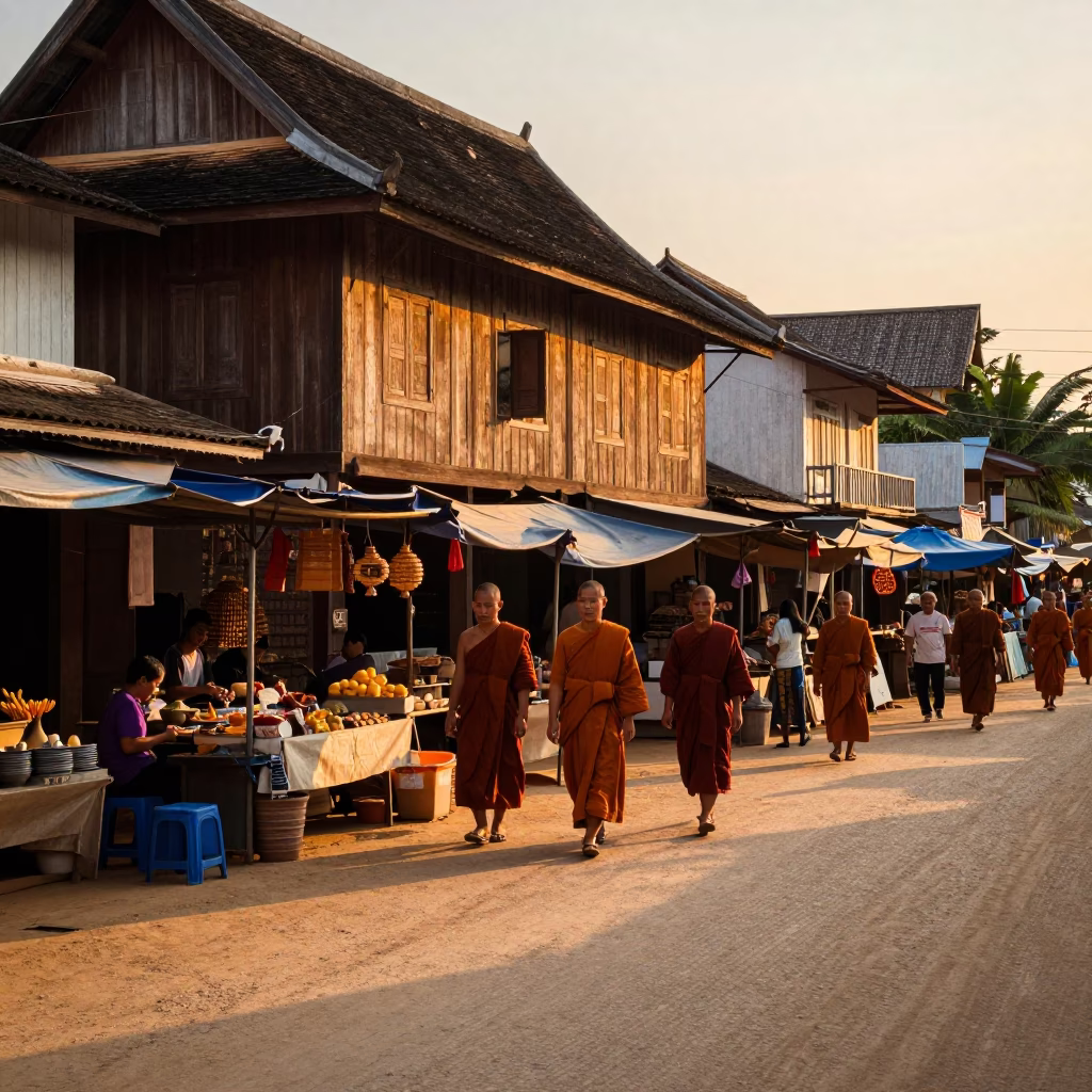 Evening Street Scene in Luang Prabang Laos with Monks and Market Stalls at Sunset in in Luang Prabang, Laos