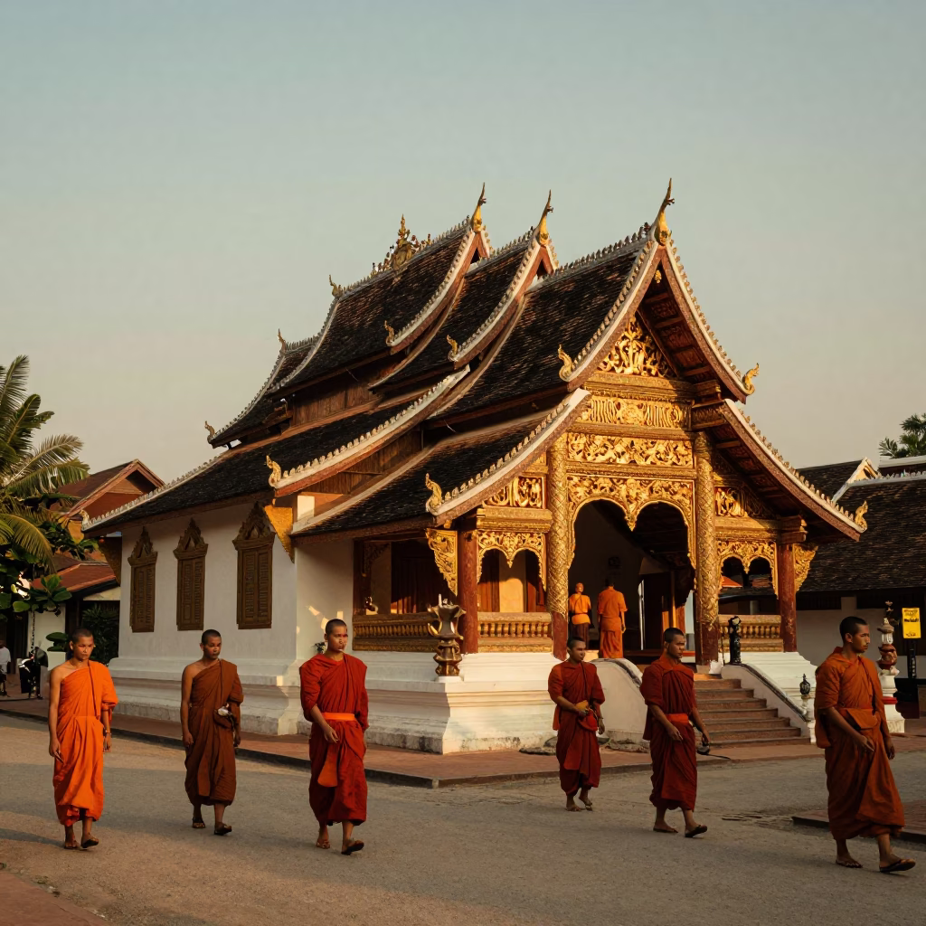 Evening street scene in Luang Prabang Laos with monks and traditional architecture in in Luang Prabang, Laos