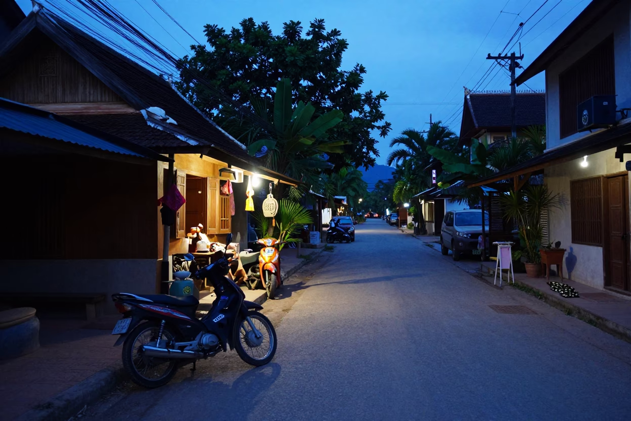 Evening Street Scene in Luang Prabang Laos with Motorcycle and Cobblers in in Luang Prabang, Laos