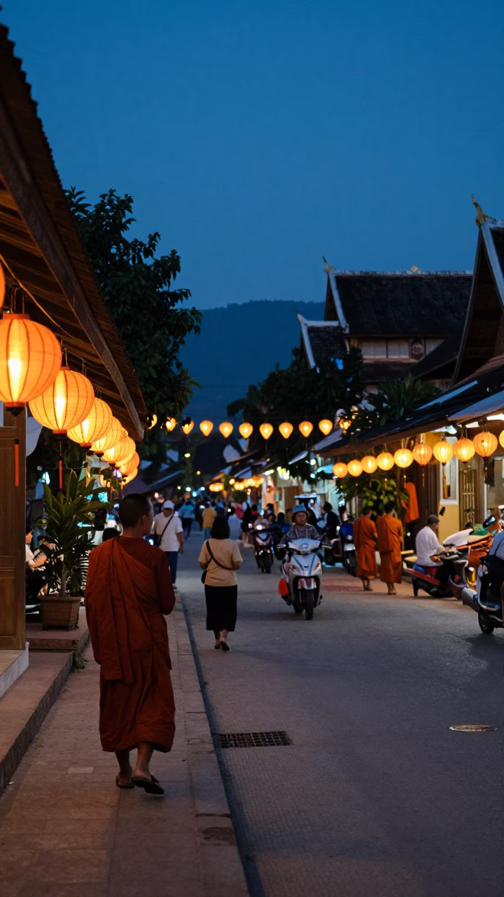 Evening Street Scene in Luang Prabang Laos with Paper Lanterns and Monks in in Luang Prabang, Laos