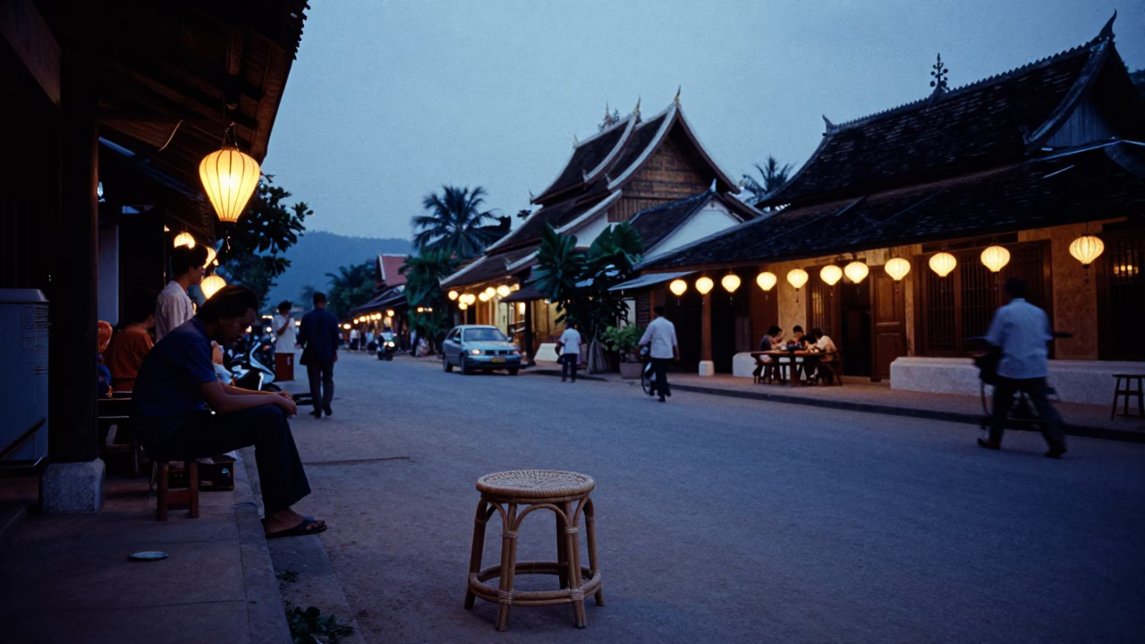 Evening Street Scene in Luang Prabang Laos with Rattan Stool and Local Commerce in in Luang Prabang, Laos