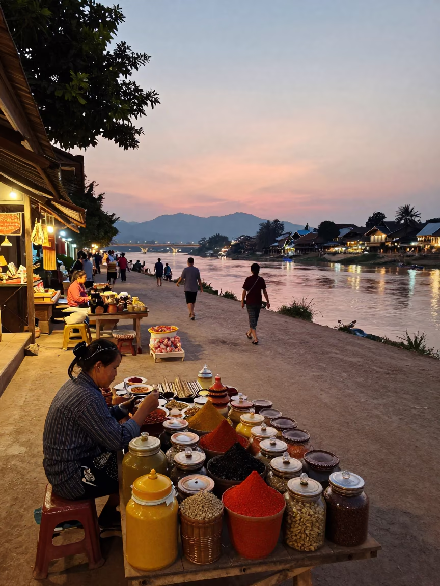 Evening Street Scene in Luang Prabang Laos with Spices and Traditional Crafts in in Luang Prabang, Laos