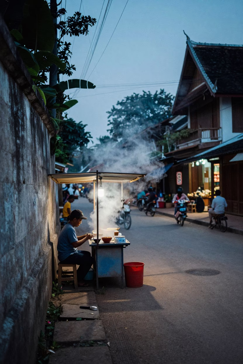 Evening Street Scene in Luang Prabang Laos with Steam and Local Life in in Luang Prabang, Laos
