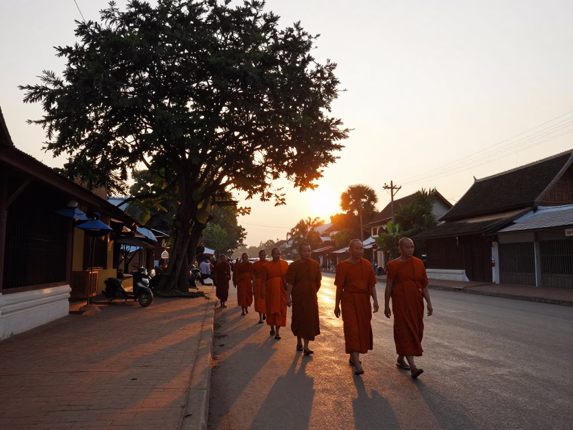 Evening Street Scene in Luang Prabang Laos with Tamarind Tree and Monks in in Luang Prabang, Laos