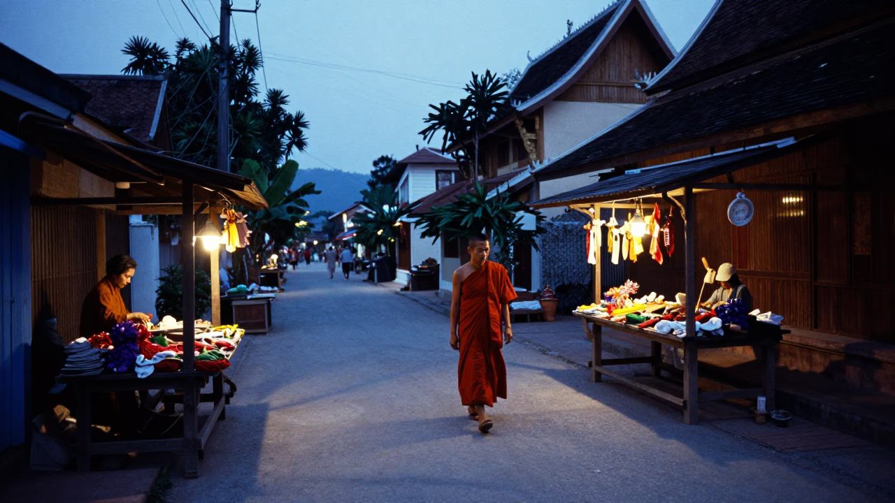 Evening Street Scene in Luang Prabang Laos with Traditional Alms Bows and Golden Temple in in Luang Prabang, Laos