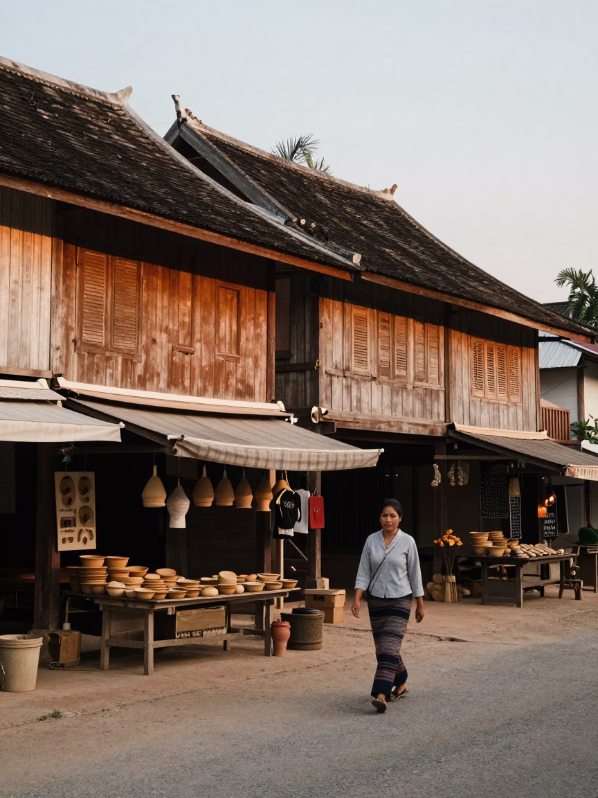 Evening Street Scene in Luang Prabang Laos with Traditional Architecture and Local Life in in Luang Prabang, Laos