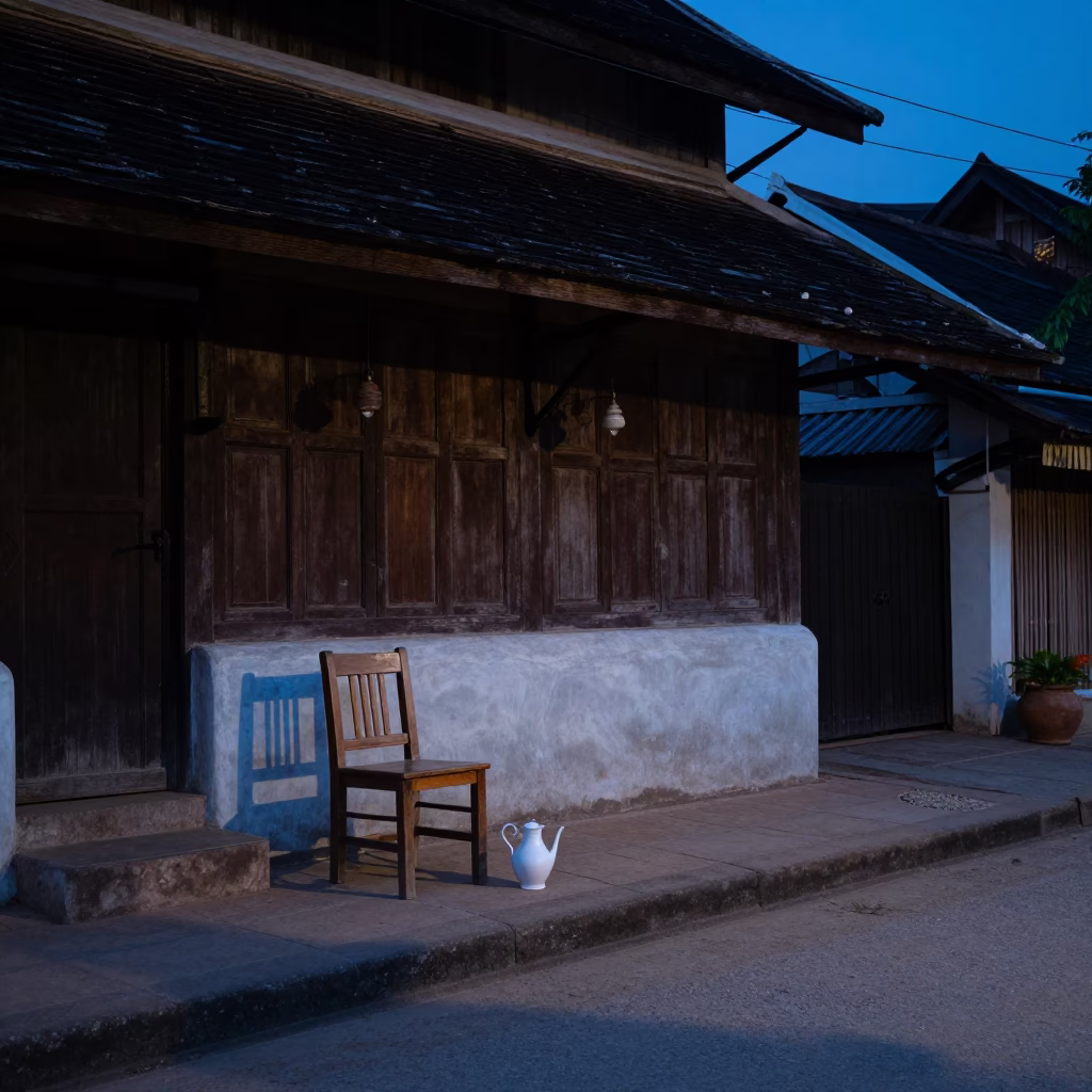 Evening Street Scene in Luang Prabang Laos with Wooden Chair and Pitcher in in Luang Prabang, Laos