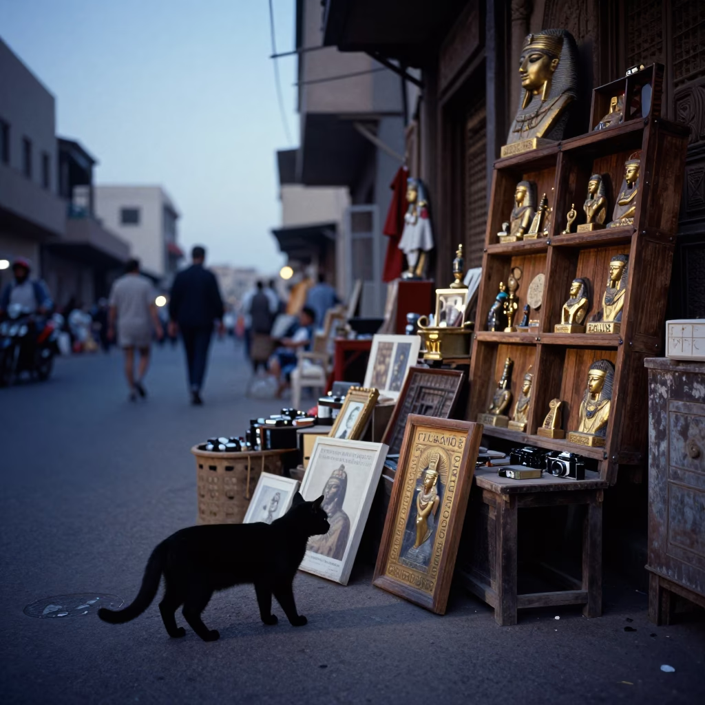 Evening Street Scene in Luxor Egypt with Black Cat and Wooden Furniture in in Luxor, Egypt