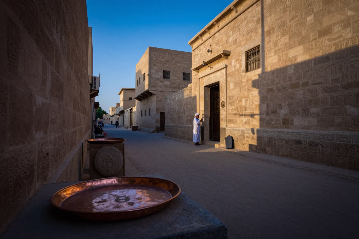 Evening Street Scene in Luxor Egypt with Copper Tray and Stone Architecture in in Luxor, Egypt
