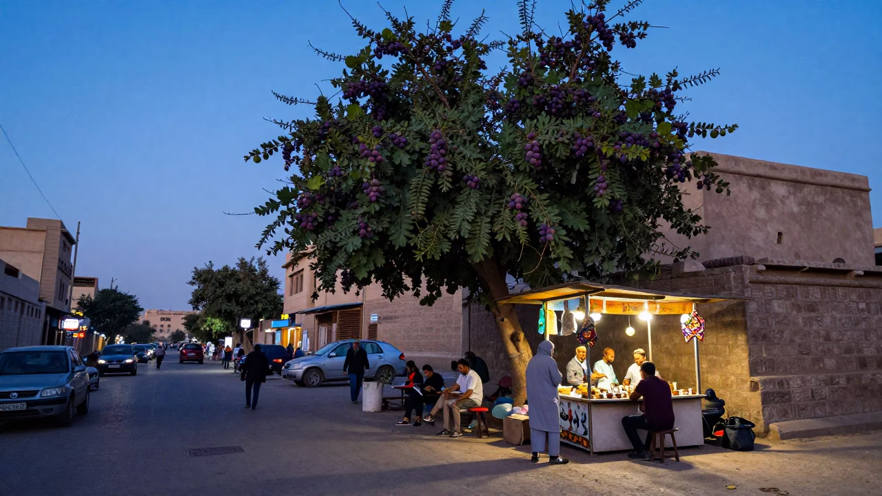 Evening Street Scene in Luxor Egypt with Fig Tree and Tea Service in in Luxor, Egypt