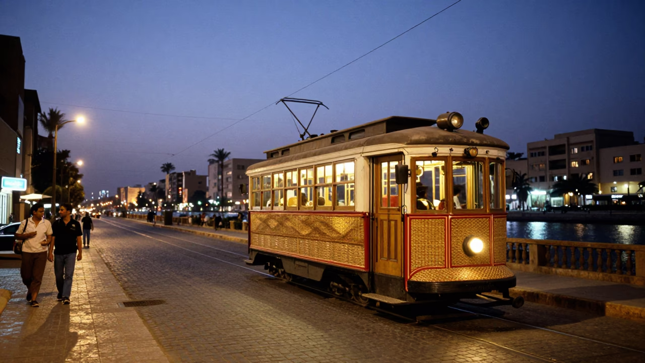 Evening street scene in Luxor Egypt with heritage tram and woven mats in in Luxor, Egypt