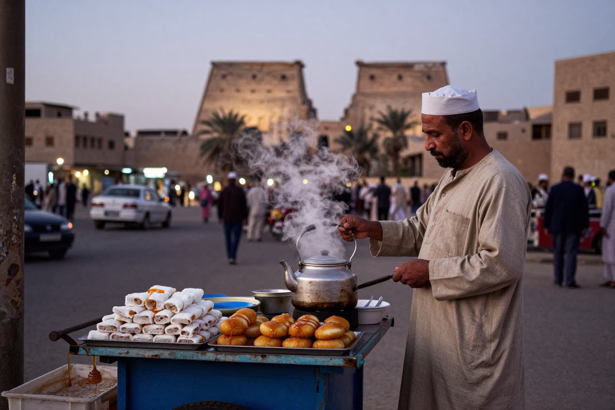 Evening Street Scene in Luxor Egypt with Honey Drizzled Loukoumades and Local Tea Culture in in Luxor, Egypt