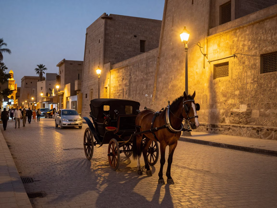 Evening Street Scene in Luxor Egypt with Horse Drawn Carriage on Cobblestones in in Luxor, Egypt