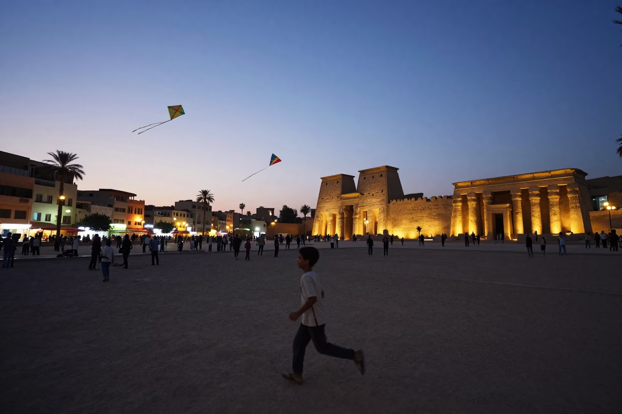 Evening Street Scene in Luxor Egypt with Kites Flying Near Ancient Temples in in Luxor, Egypt