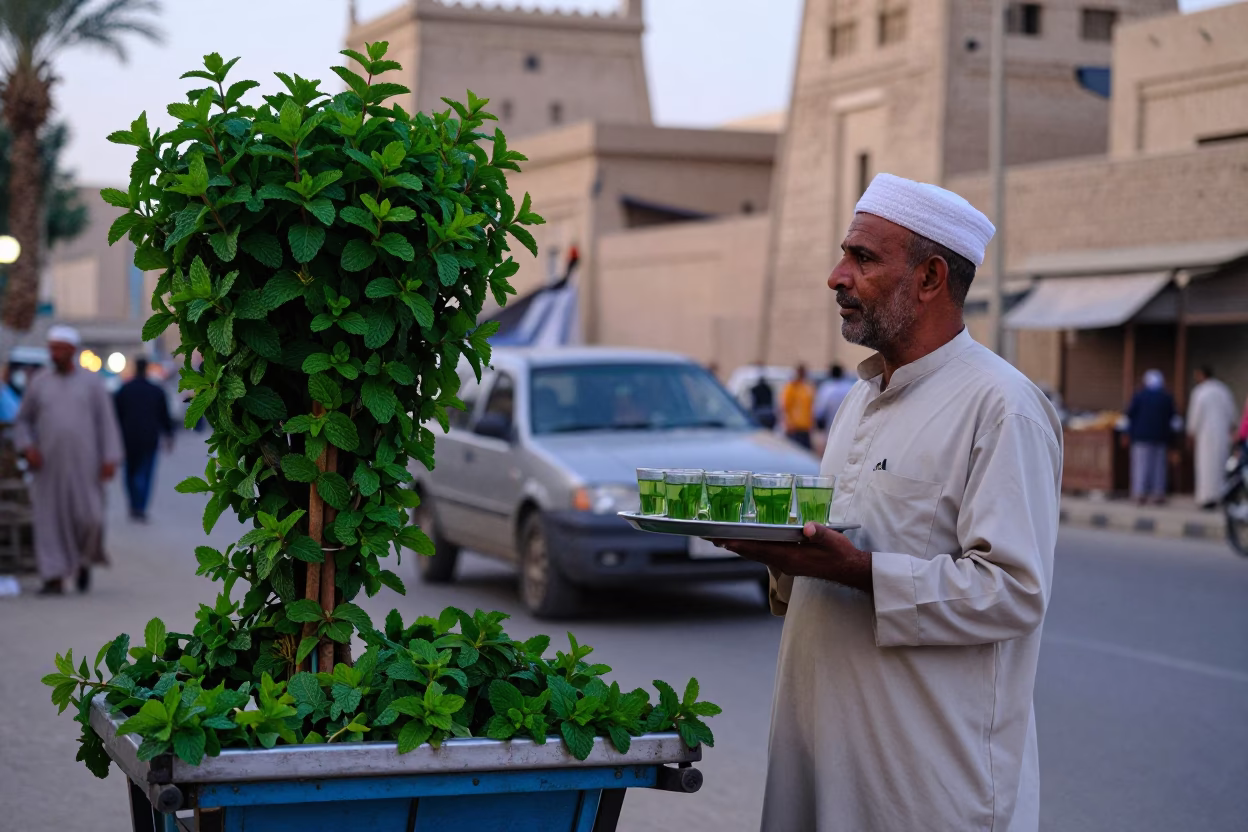 Evening Street Scene in Luxor Egypt with Mint Leaves and Traditional Tea Service in in Luxor, Egypt