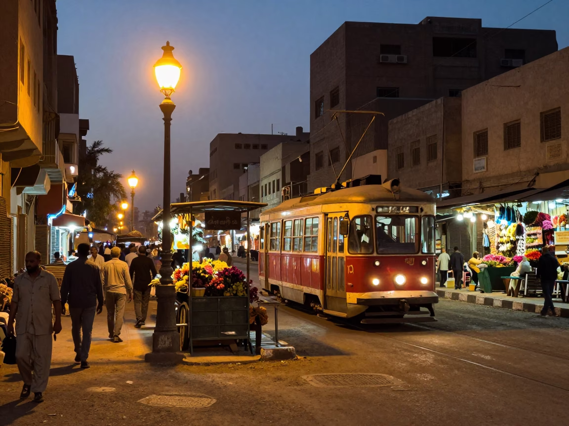 Evening Street Scene in Luxor Egypt with Oil Lamp and Tram in in Luxor, Egypt