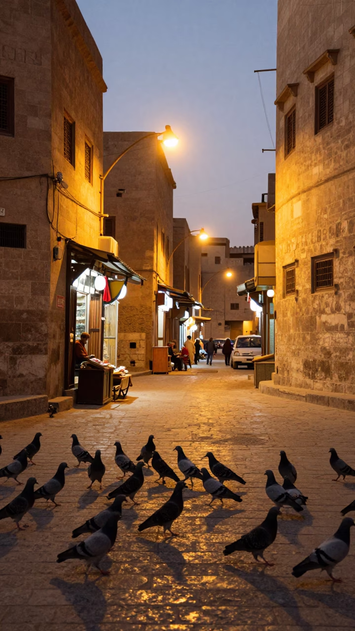 Evening Street Scene in Luxor Egypt with Pigeons and Traditional Architecture in in Luxor, Egypt