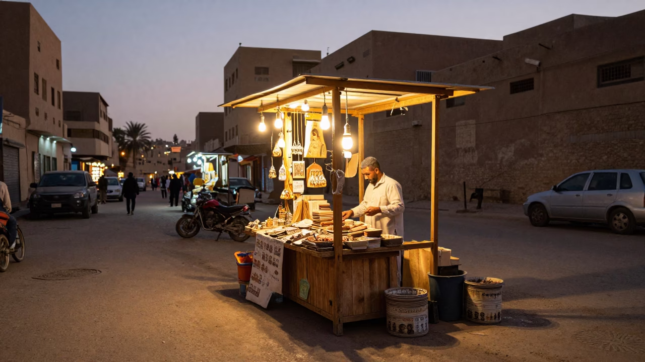 Evening street scene in Luxor Egypt with shopkeeper arranging goods under warm electric lights in in Luxor, Egypt