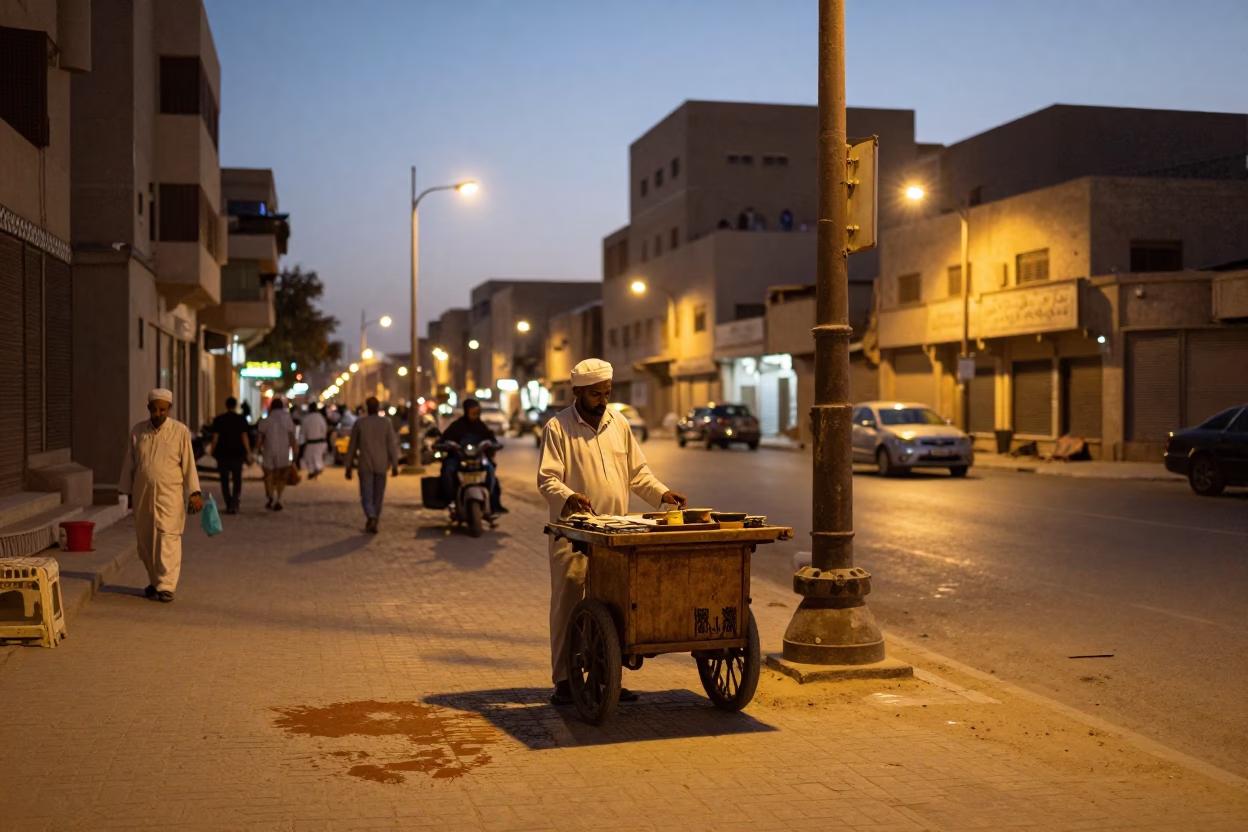 Evening Street Scene in Luxor Egypt with Tea Stains and Incense Holder at Dusk in in Luxor, Egypt