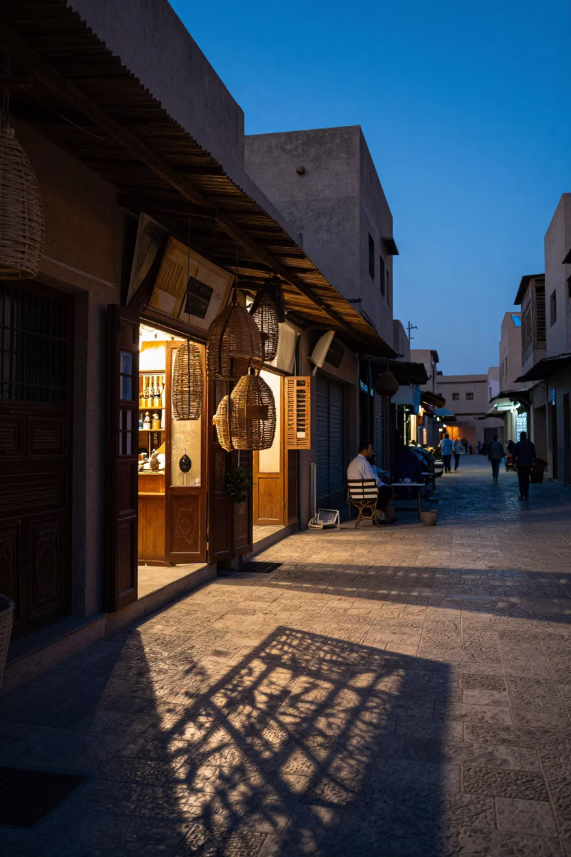 Evening Street Scene in Luxor Egypt with Wicker Shadows and Local Commerce in in Luxor, Egypt