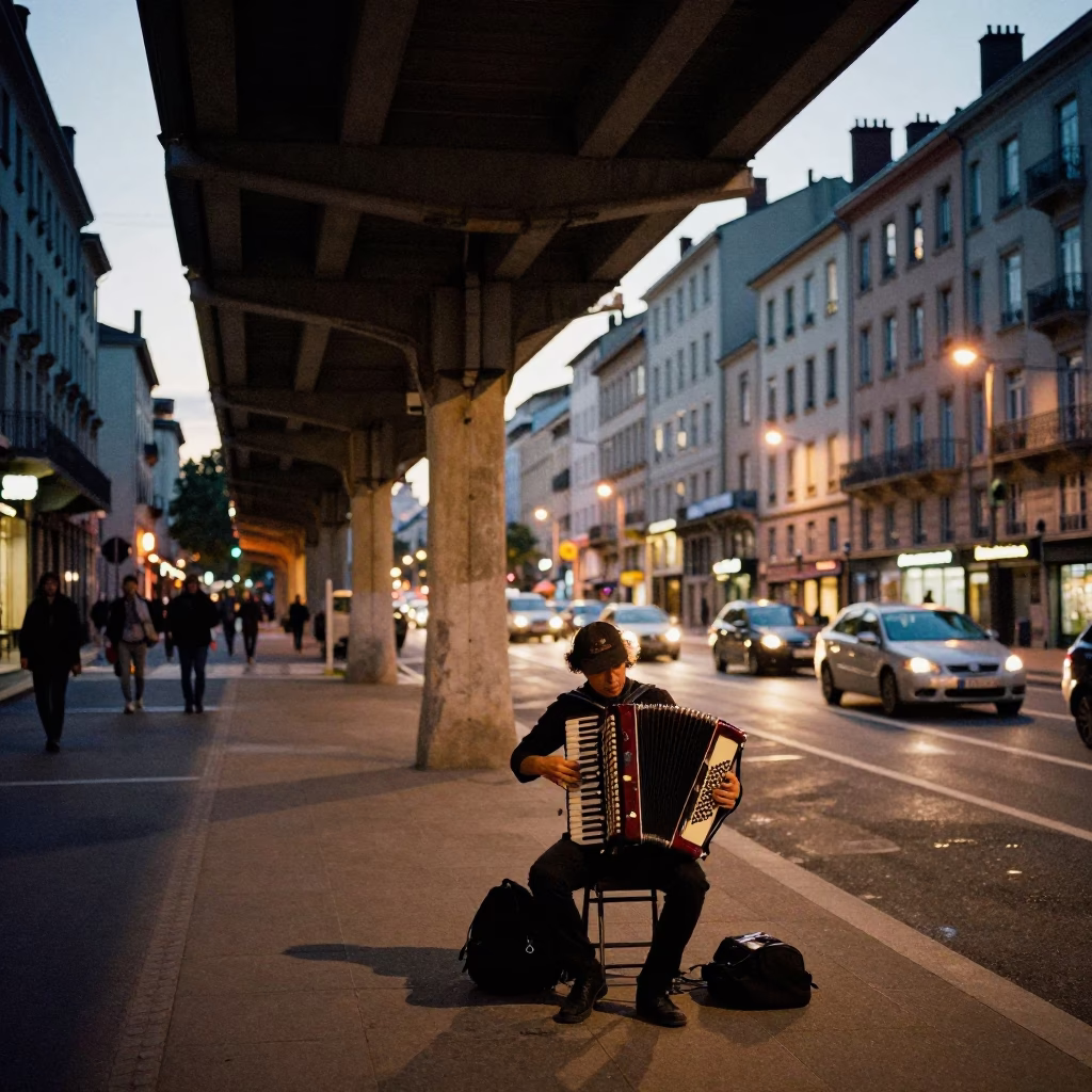 Evening Street Scene in Lyon France with Accordion Player and Urban Shadows in in Lyon, France