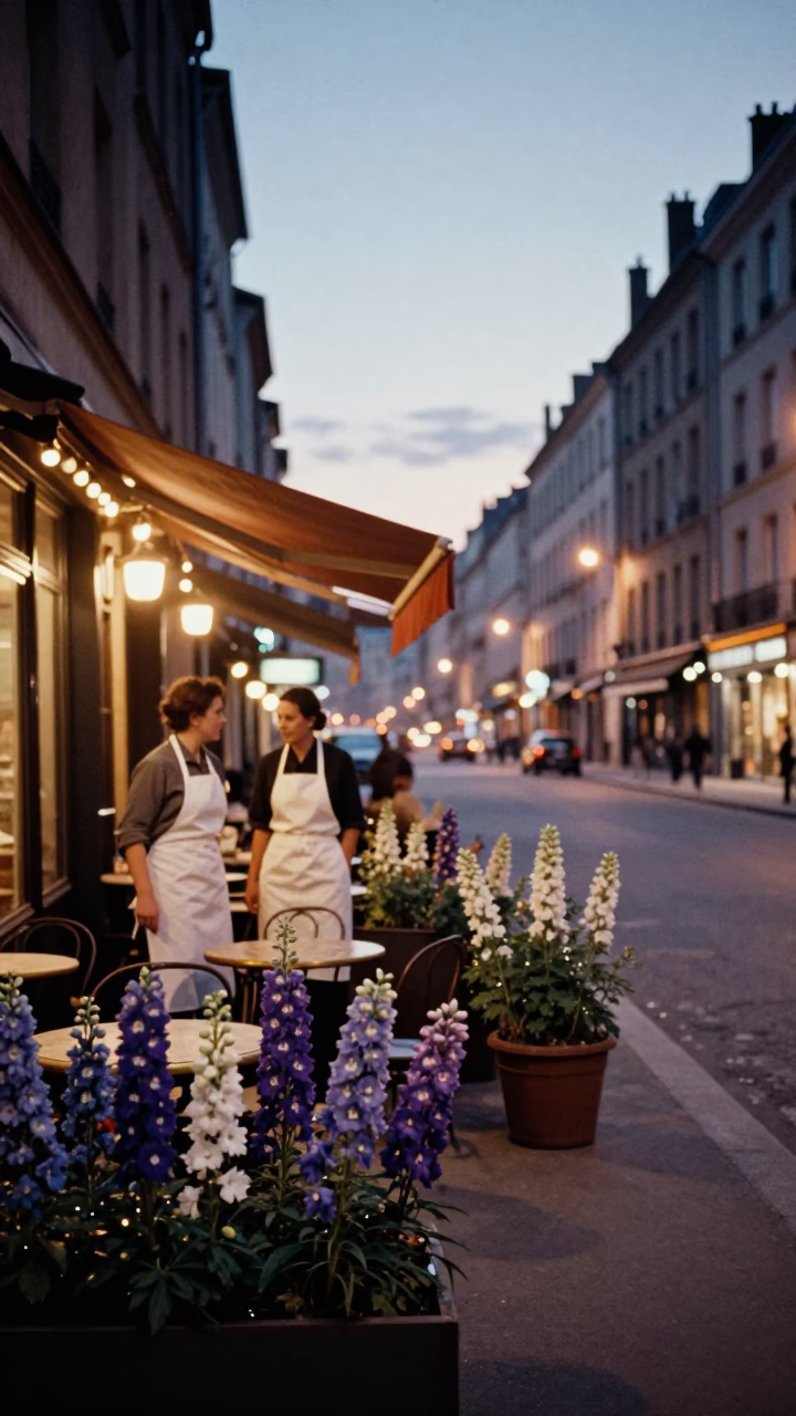 Evening Street Scene in Lyon France with Aprons and Delphinium Blooms in in Lyon, France