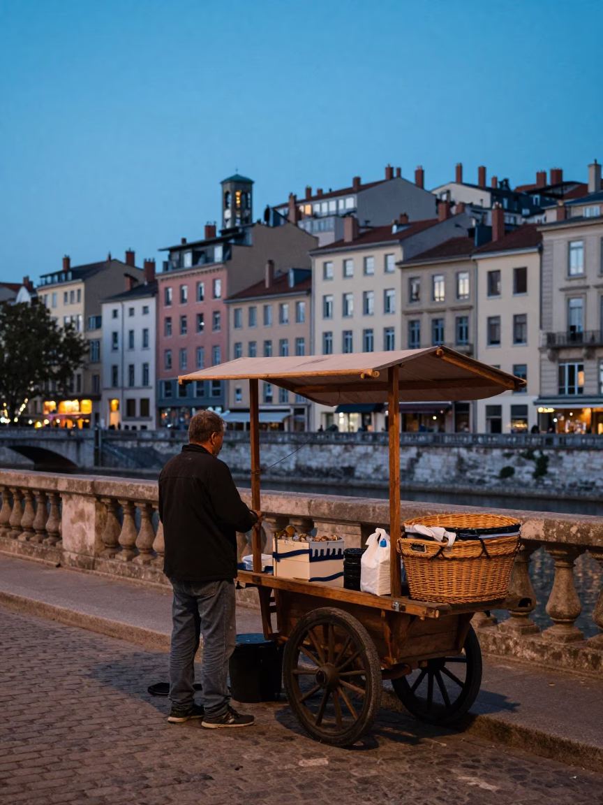 Evening Street Scene in Lyon France with Basket and Urban Architecture in in Lyon, France