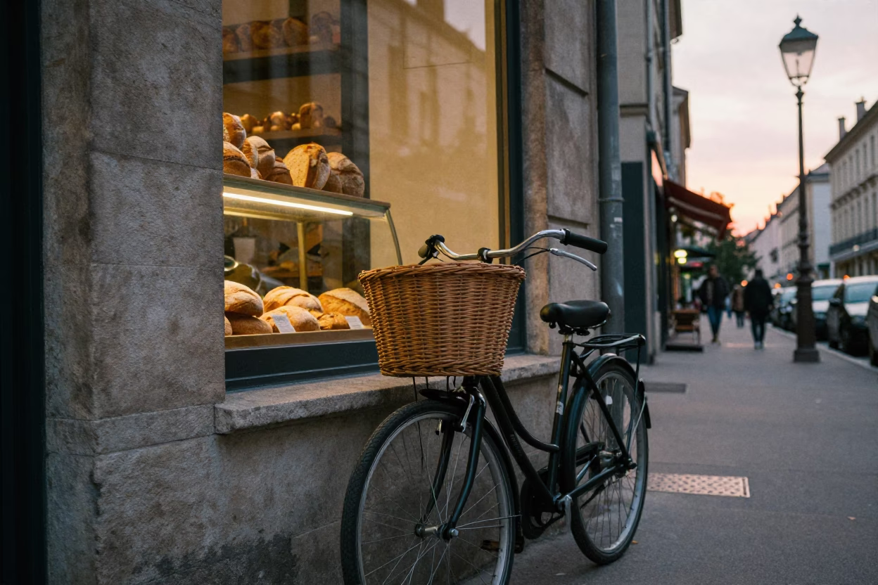 Evening Street Scene in Lyon France with Bicycle Basket and Bakery in in Lyon, France