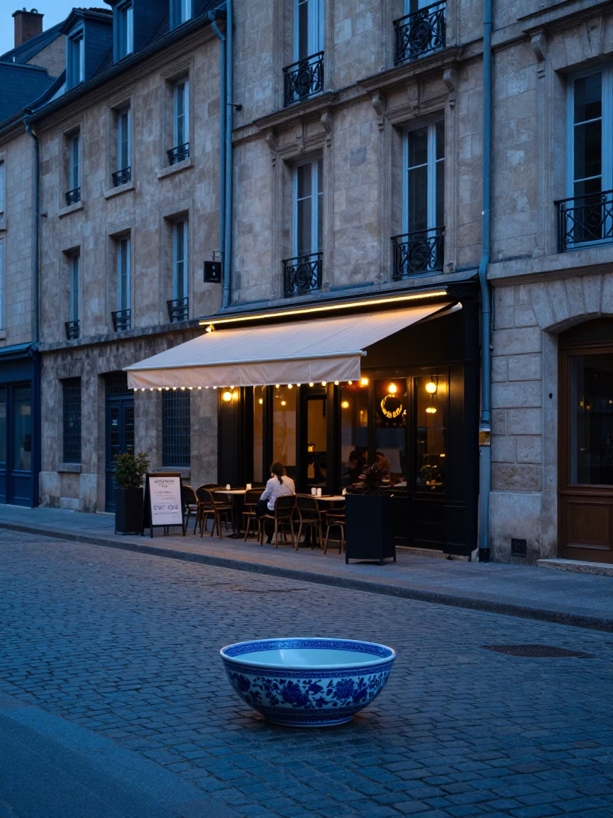 Evening Street Scene in Lyon France with Blue Porcelain Bowl and Berry in in Lyon, France