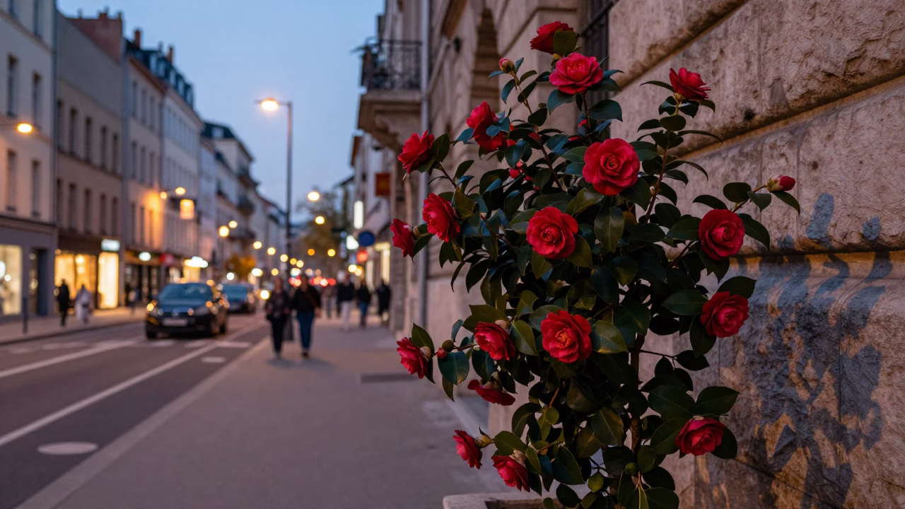 Evening Street Scene in Lyon France with Camellia and Urban Details in in Lyon, France