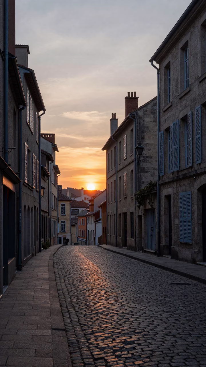 Evening Street Scene in Lyon France with Cobblestones and Sunset Light in in Lyon, France